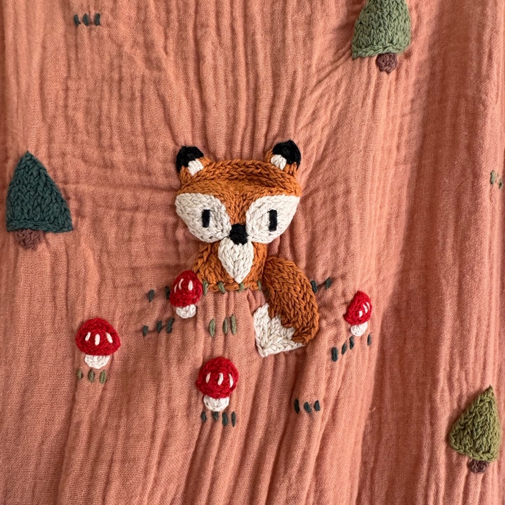 Woodland Animals Rust Maxi Dress with Embroidered Fox Design